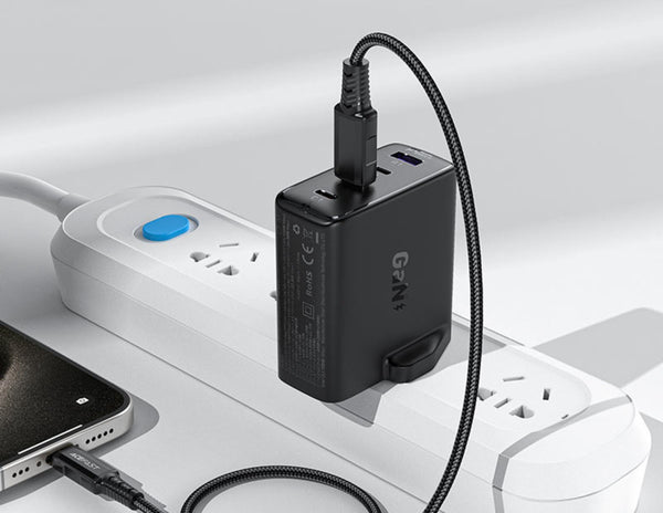 Acefast A97 100W GaN Wall Charger with multiple outlets and cables on a white background