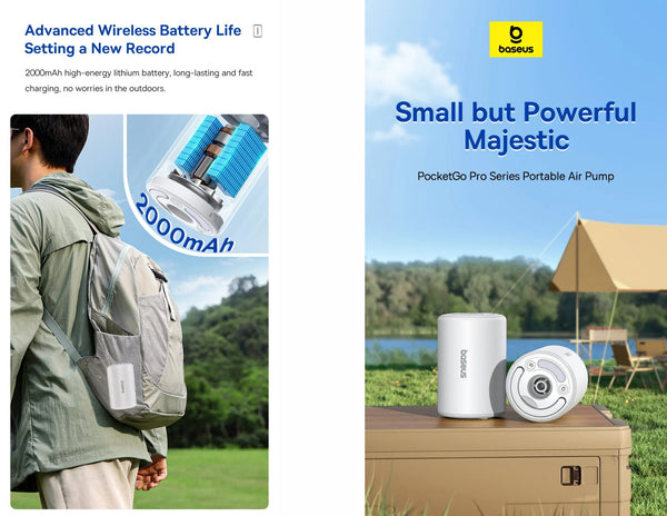 Portable air pump with backpack and outdoor setting, Boson brand visible