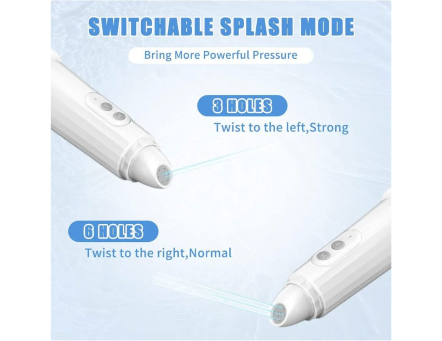 Two white nozzles with text explaining switchable splash mode on a light blue background