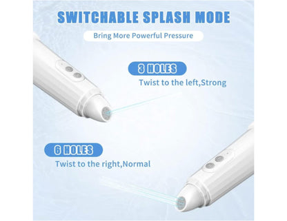 Two white nozzles with text explaining switchable splash mode on a light blue background