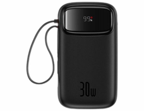 Black power bank with digital display on a white background