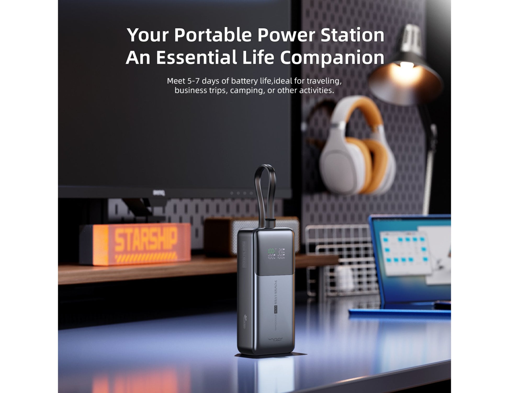 Vyvylabs Power Cube Pro Digital Display Power Bank 20000mAh 100W with Type-C Fast Charging Cable – VBQ10-TN on a desk with computer equipment in the background