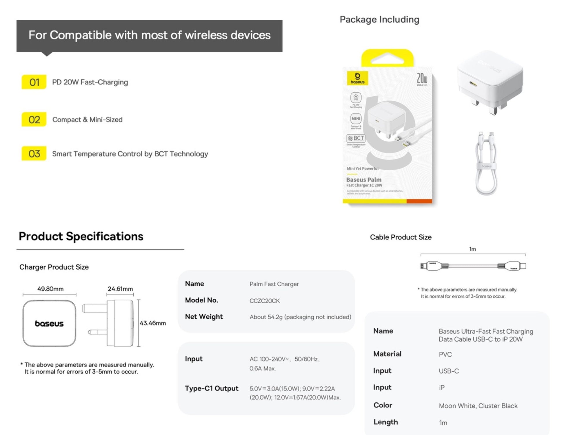 Product packaging and specifications for a fast charging cable and adapter set.