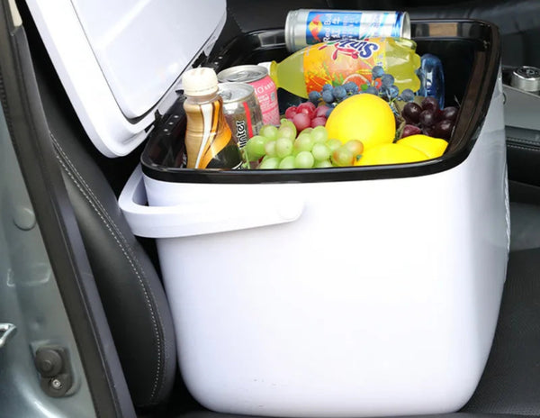 Car organizer with snacks and drinks inside a vehicle