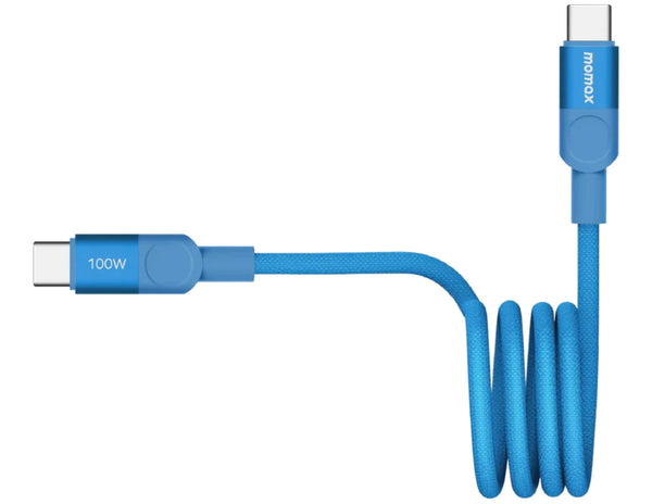 Blue USB-C cable with a coiled design on a white background