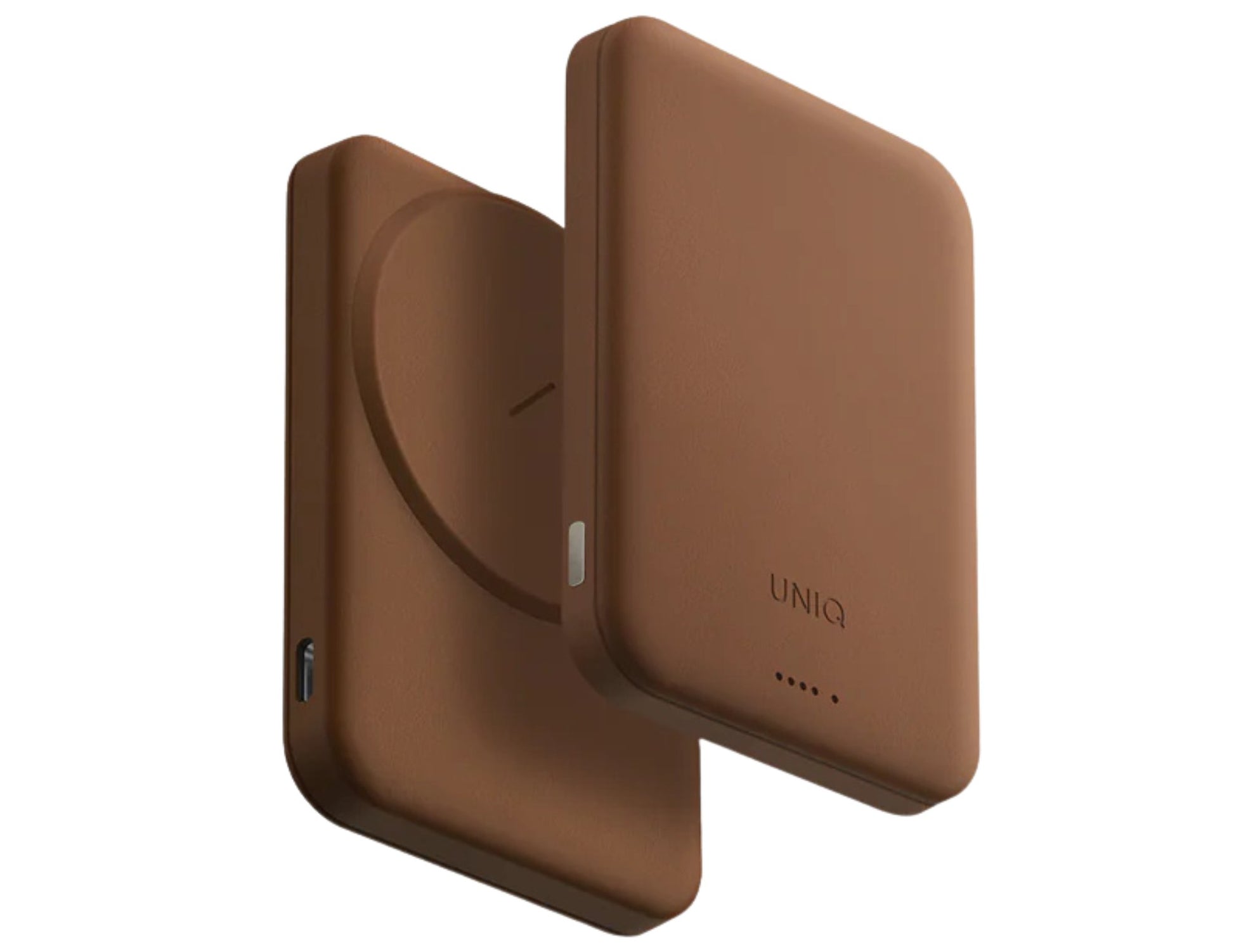 Brown wireless charging pad with 'UNIQ' branding on a white background
