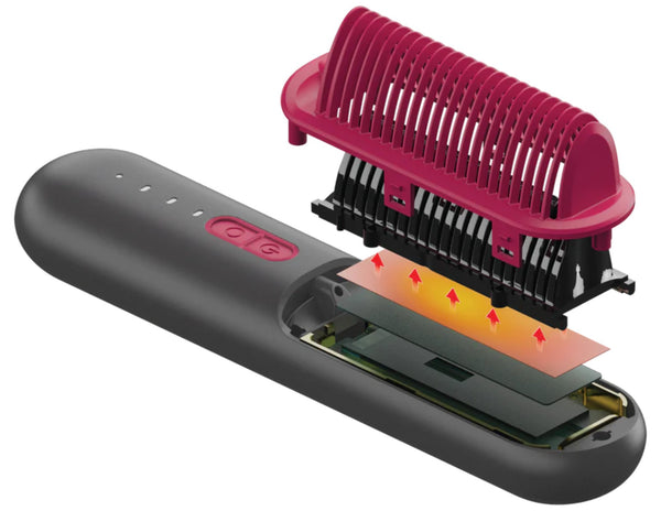 Hair straightening tool with pink comb and black base on a white background