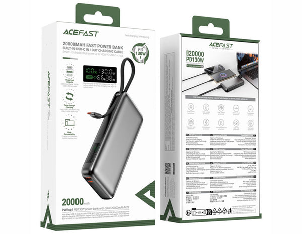 Acefast power bank packaging with product and specifications on a white background
