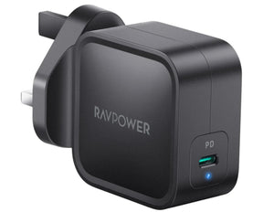 RAVPower PD Pioneer 61W GaN Wall Charger with a UK plug, displaying the power delivery symbol and the brand name on its black casing.