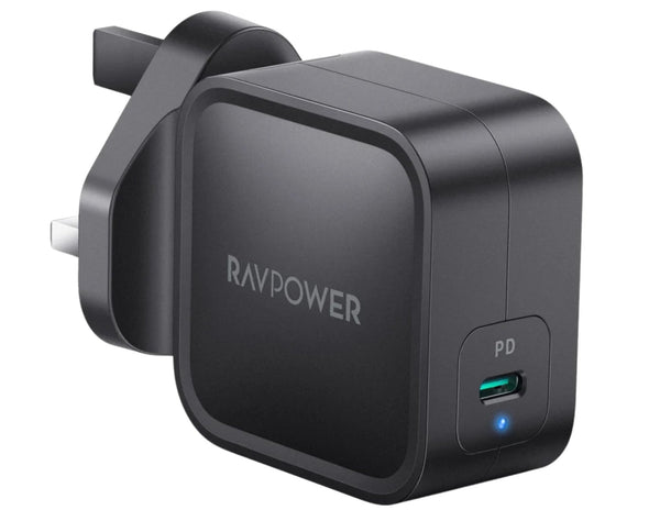 RAVPower PD Pioneer 61W GaN Wall Charger with a UK plug, displaying the power delivery symbol and the brand name on its black casing.
