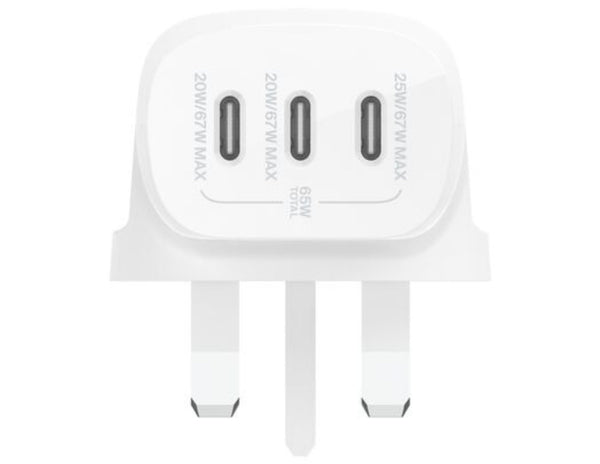 Belkin BoostCharge 3-Port USB-C® Wall Charger with PPS 67W + USB-C Cable – WCC002my2MWH-B6 with multiple ports on a white background