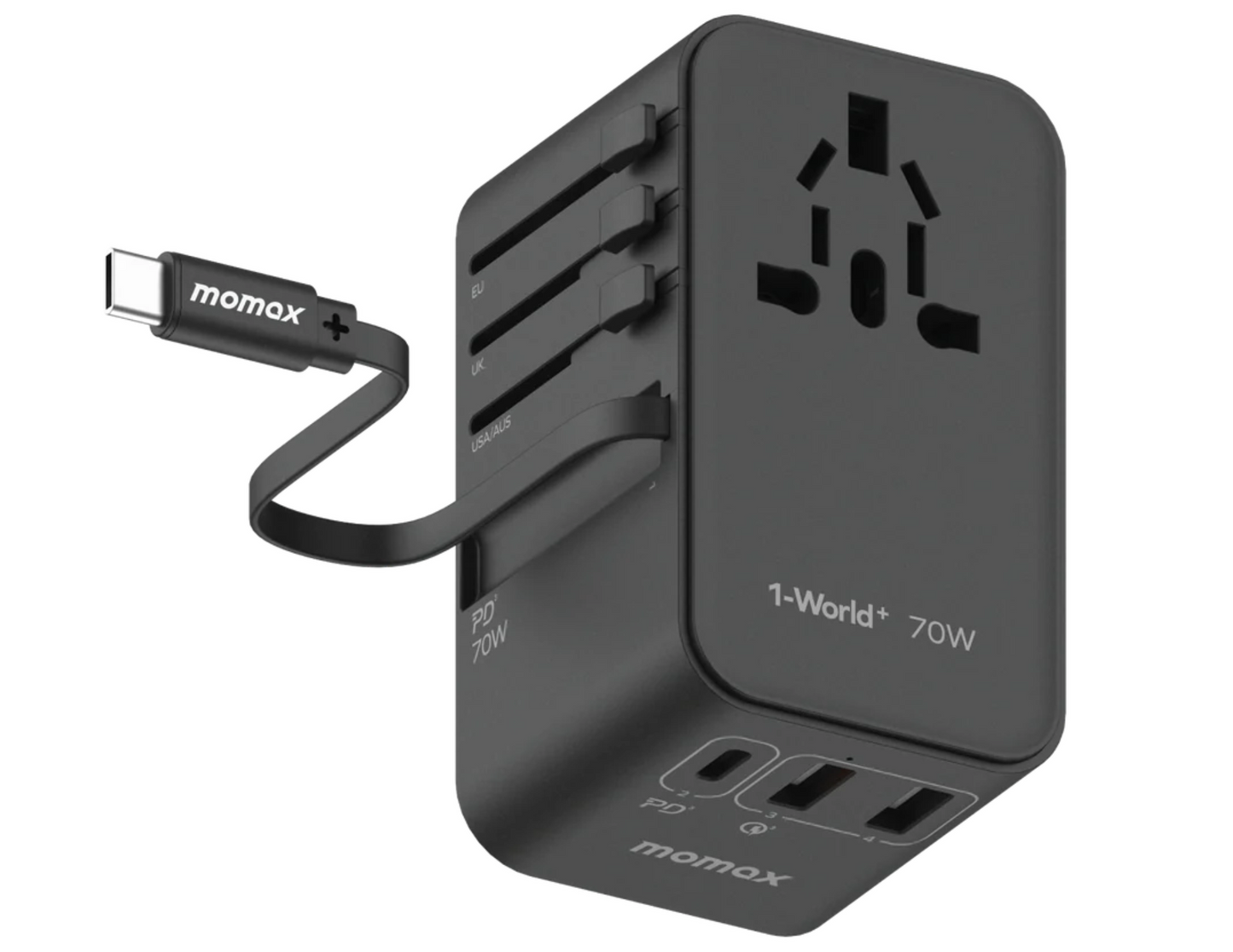 Momax 1-World+ | 3-Ports Travel Charger | Built-in USB-C Cable (GaN 70W)