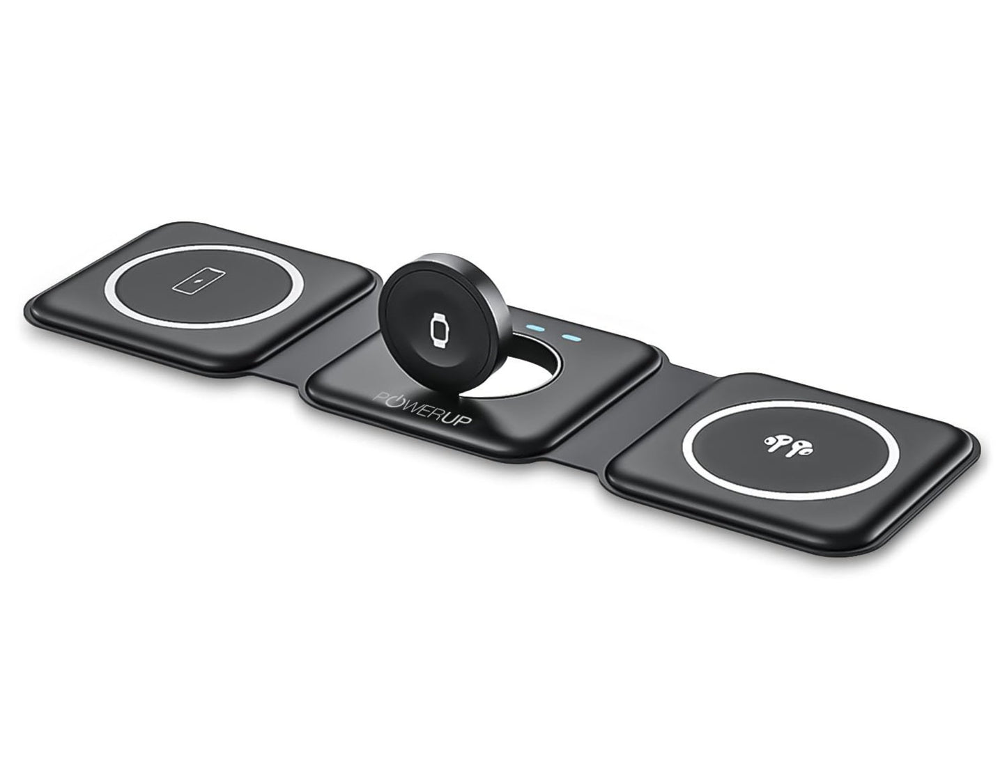 Black Gripp 3-in-1 Foldable MagSafe Magnetic Wireless Charger – GR-WLC3M with 'PowerUp' branding on a white background