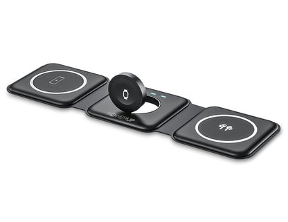 Black Gripp 3-in-1 Foldable MagSafe Magnetic Wireless Charger – GR-WLC3M with 'PowerUp' branding on a white background