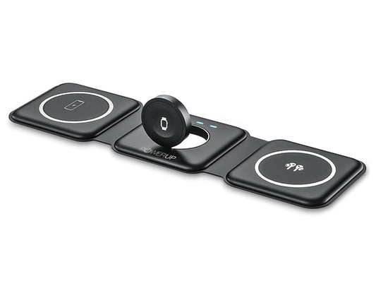 Black Gripp 3-in-1 Foldable MagSafe Magnetic Wireless Charger – GR-WLC3M with 'PowerUp' branding on a white background