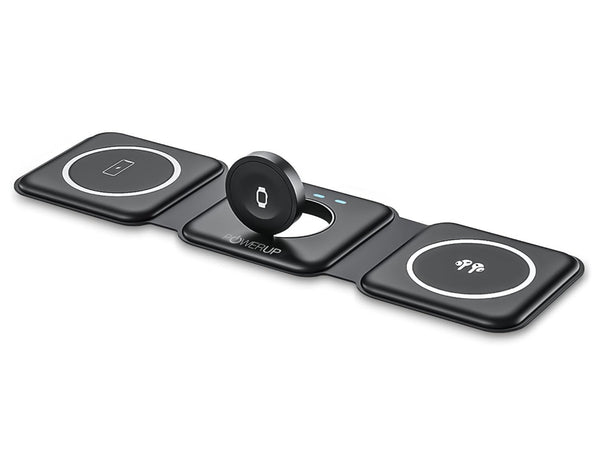 Black Gripp 3-in-1 Foldable MagSafe Magnetic Wireless Charger – GR-WLC3M with 'PowerUp' branding on a white background