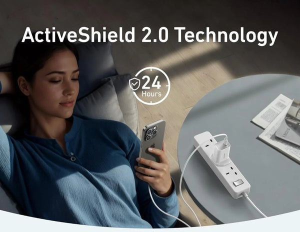 Woman using a smartphone with ActiveShield 2.0 Technology displayed above her.