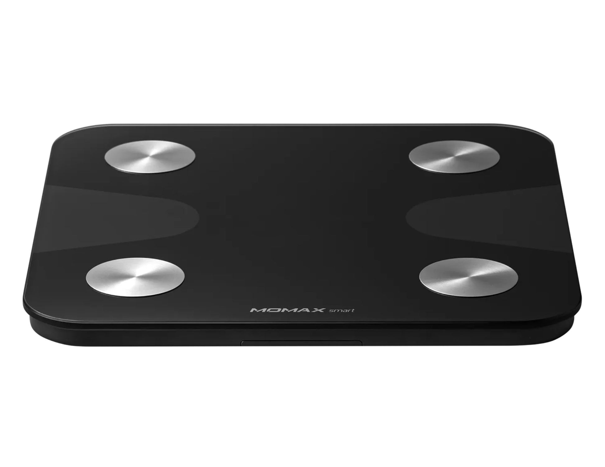 Black digital bathroom scale with silver measurement buttons on a white background