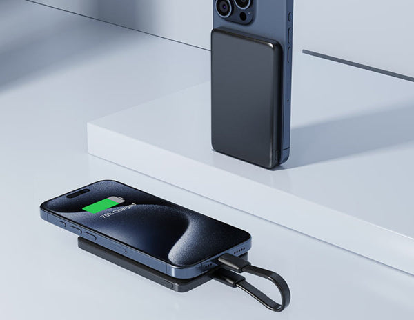 Acefast M8 5000mAh Power Bank with a smartphone on a white surface