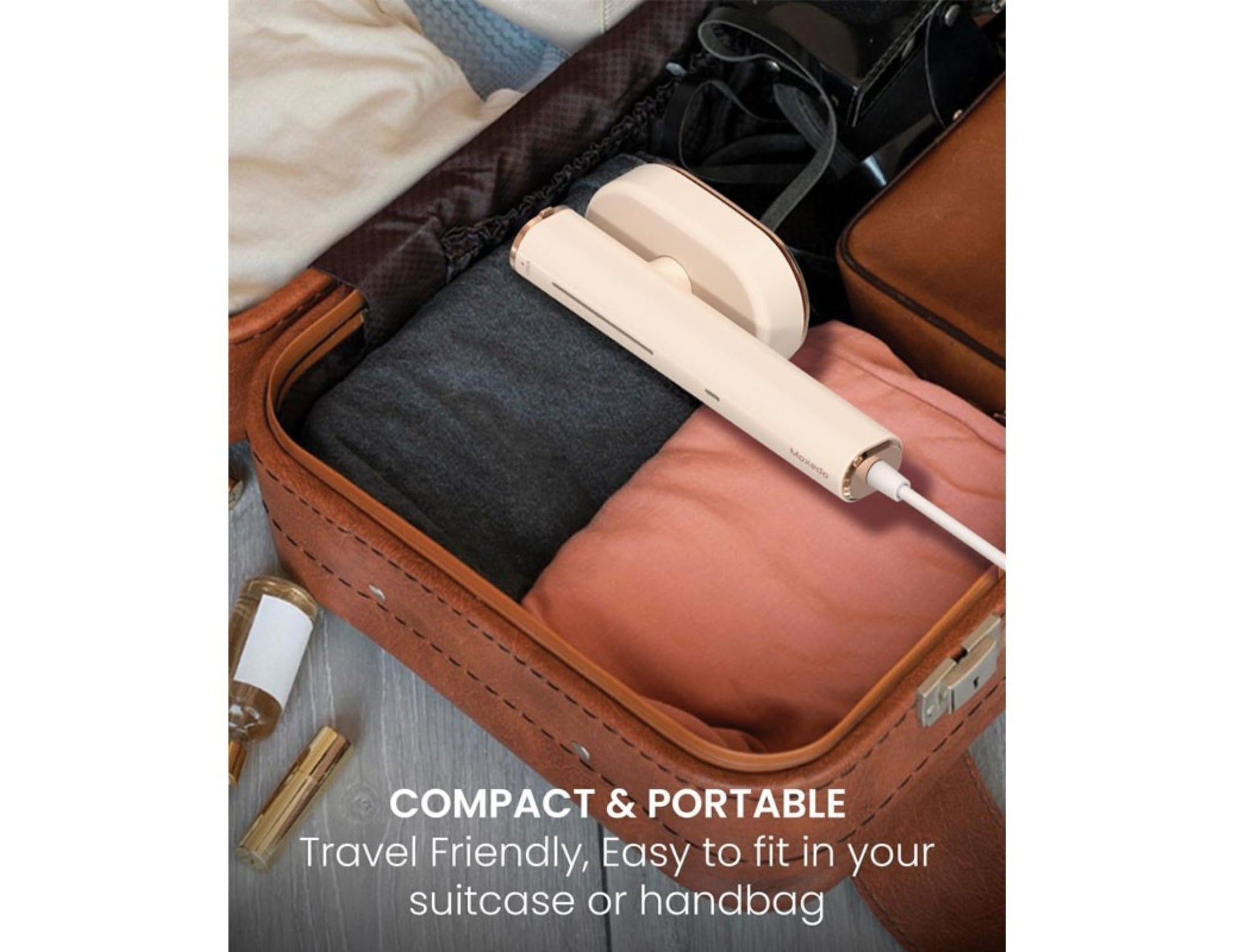 Moxedo 2-in-1 Dynamic Steam Flat Iron MX-DF1011 in a suitcase with text 'Compact & Portable, Travel Friendly'.