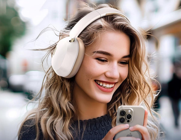 Woman wearing headphones and using a smartphone outdoors