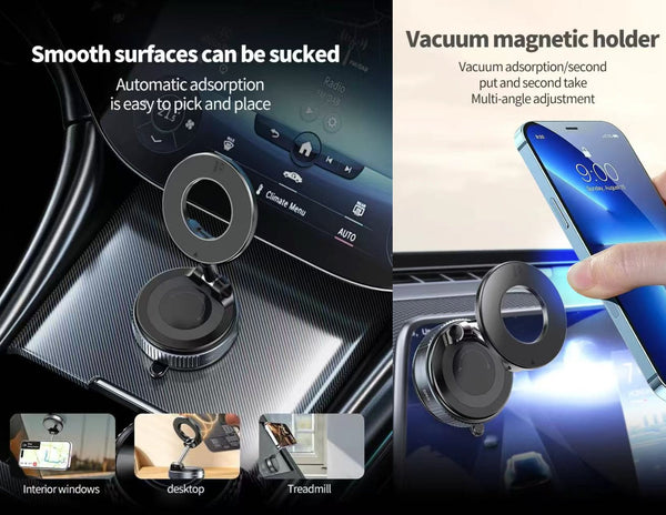Vacuum magnetic holder for phone use on a car dashboard and other surfaces.