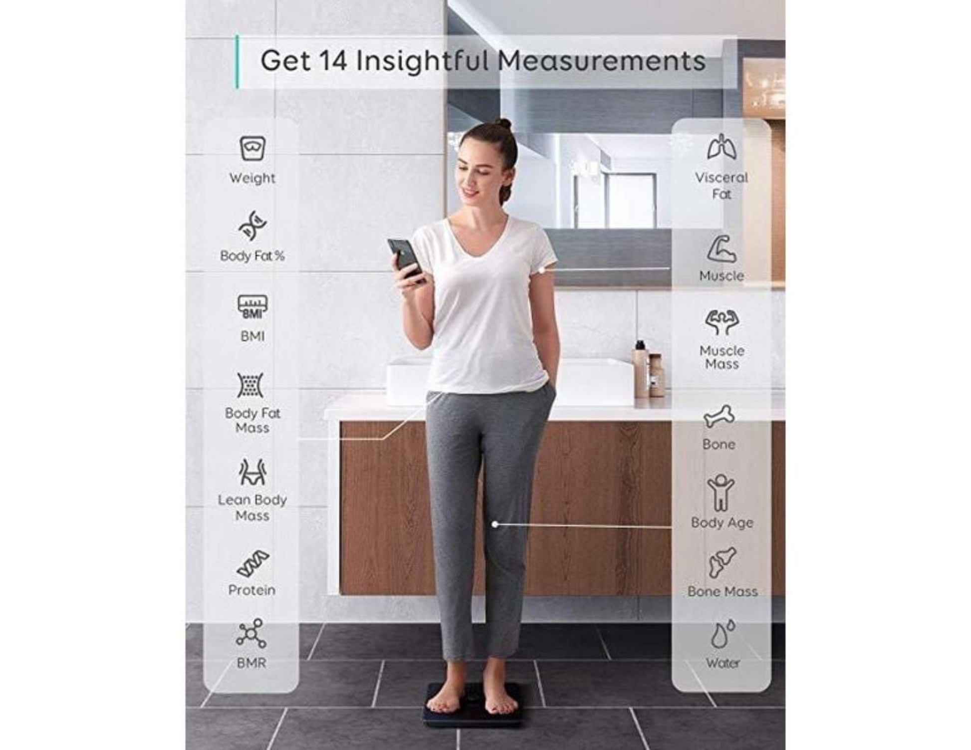 Woman using a smartphone on a smart scale with health measurement icons displayed.