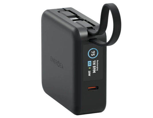 Black ENERGEA MagPac Mini Plus 10,000mAh PD20W 4-in-1 Qi Magnetic Power Bank MP-MINIPLUS-BLK with digital display on a white background