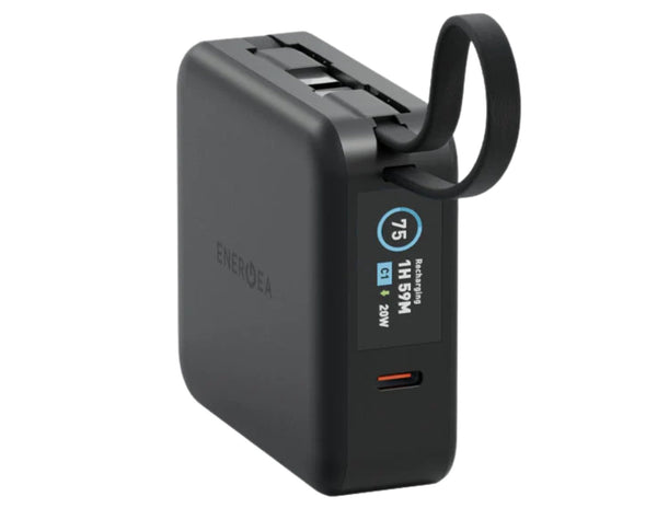 Black ENERGEA MagPac Mini Plus 10,000mAh PD20W 4-in-1 Qi Magnetic Power Bank MP-MINIPLUS-BLK with digital display on a white background