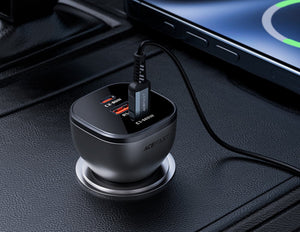 Car charger with multiple ports on a car dashboard