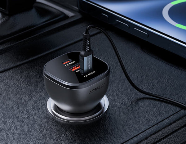 Car charger with multiple ports on a car dashboard