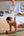Woman eating salad in kitchen with smartphone and camera setup, and woman doing push-ups on mat outdoors.
