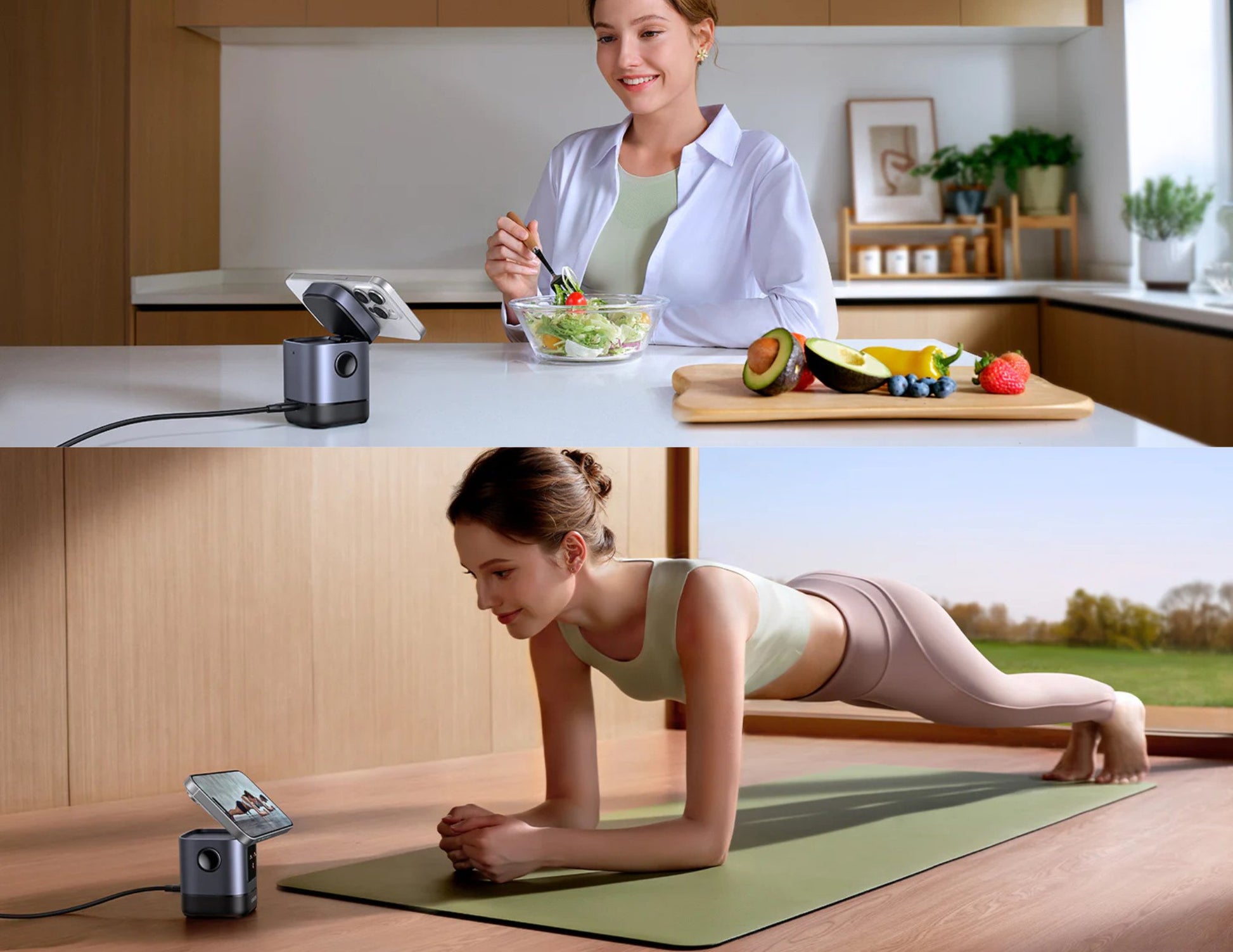 Woman eating salad in kitchen with smartphone and camera setup, and woman doing push-ups on mat outdoors.