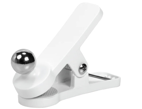 White metal clip with a silver ball on a white background