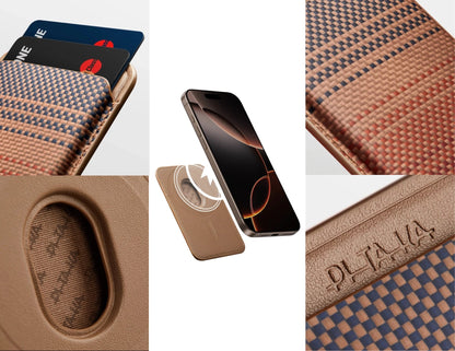 Collage of a Pitaka MagSafe Woven Wallet – Magsafe Compatible MWW240 and brand name on a textured surface.