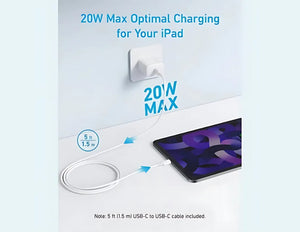 Charging cable with '20W Max' text for iPad on a light blue background