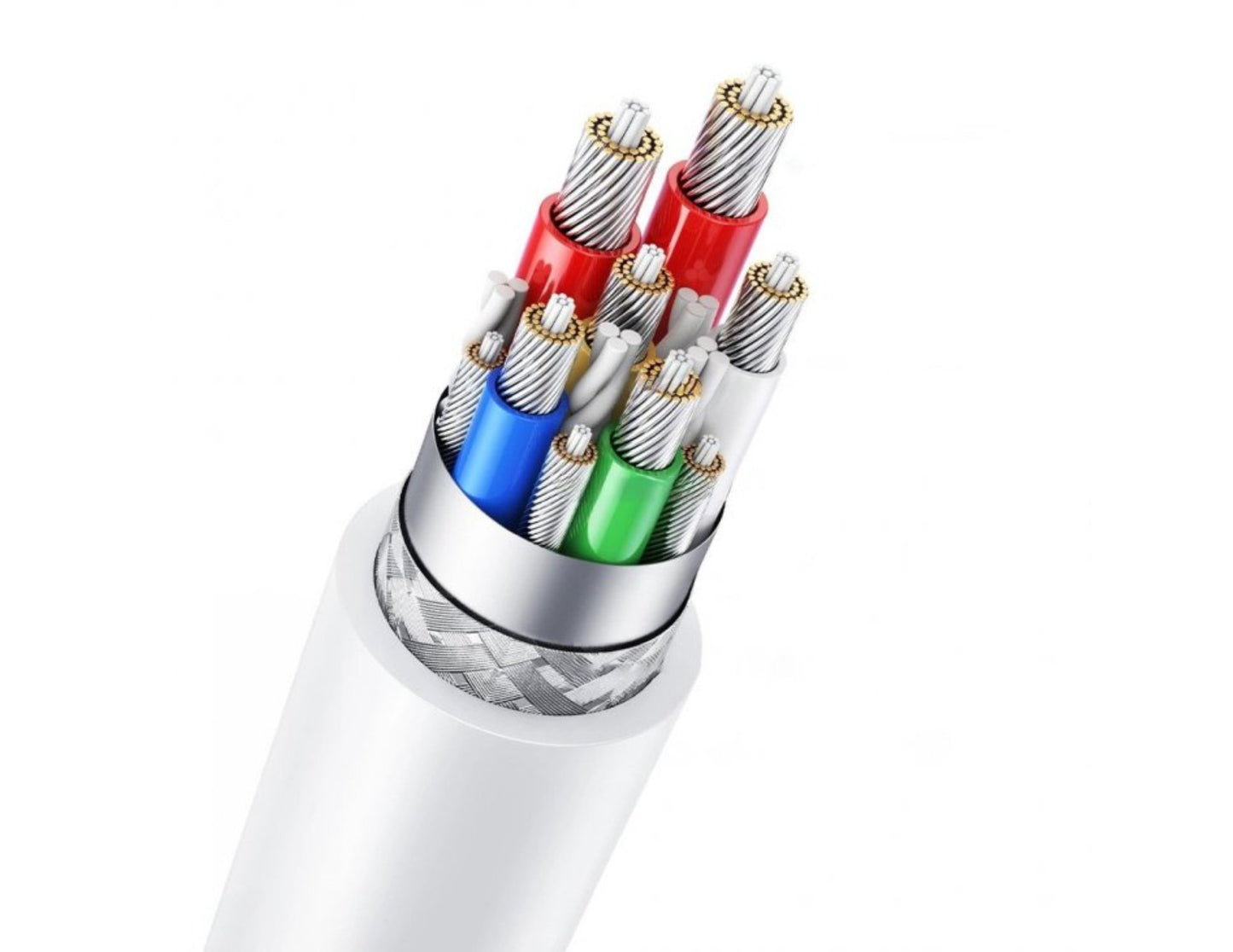 Close-up of a UGREEN 100W USB-C to USB-C PD Fast Charging Cable 2M – 60552 with colored wires and silver connectors on a white background