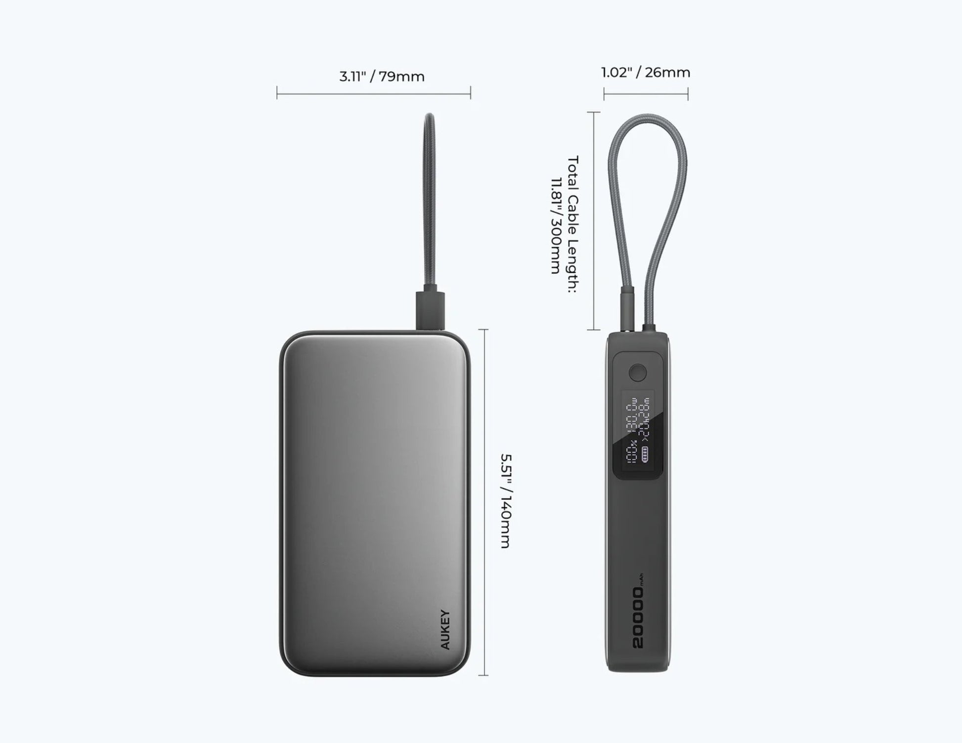 Aukey PB-Y43P Sprint X 130W PD 20000mAh Power Bank – Gray with measurement details on a white background