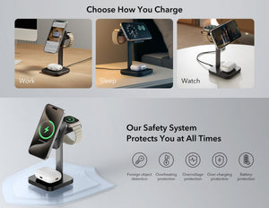 Multi-device charging stand with safety features on a gray background
