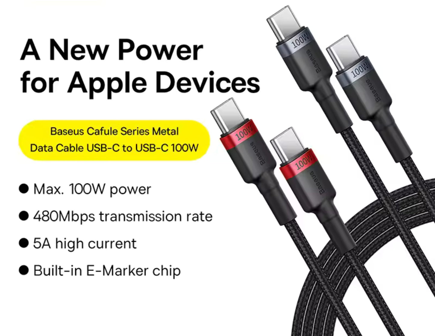 كابل شحن Baseus Cafule USB-C إلى USB-C 100 واط بطول متر واحد، قطعتان، أحمر وأسود + رمادي، P10318306003-00