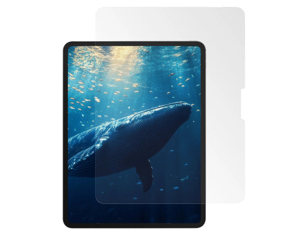 A screen protector for iPad series, featuring a clear appearance with a depiction of a whale in the background, indicating the product's anti-blue light functionality.