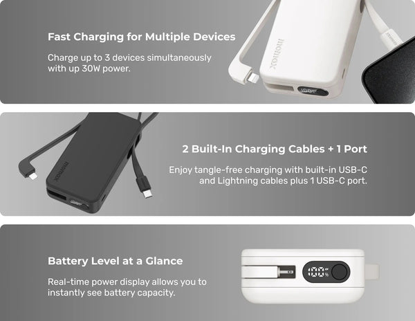 Power bank with charging cables and display on a gray background