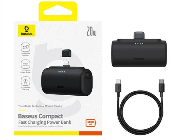 Baseus Compact Fast Charging Power Bank with packaging and cable on a white background