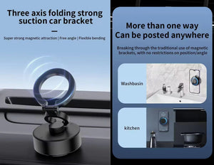Three-axis folding strong suction car bracket with magnetic attraction, free angle, and flexible bending on a car dashboard.