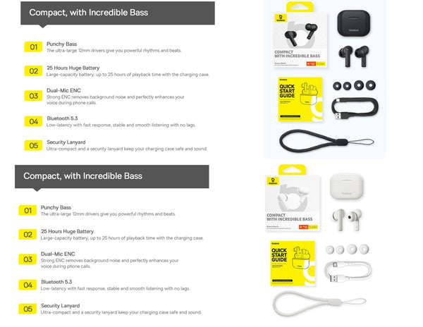 Product packaging with wireless earbuds, charging case, and accessories on a white background.