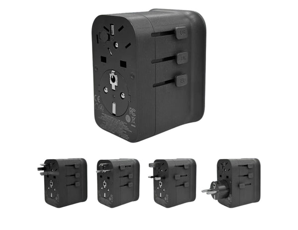 Black travel adapter with multiple plug configurations on a white background