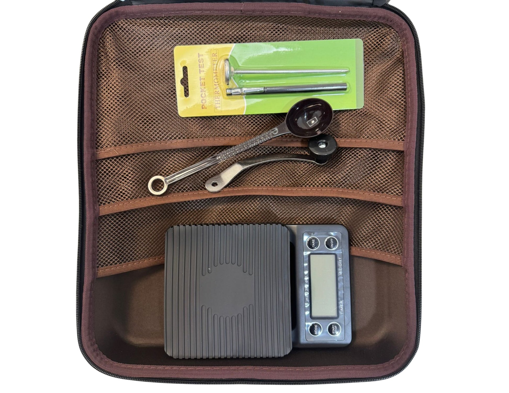 Brown mesh pouch with tools and digital scale on a white background