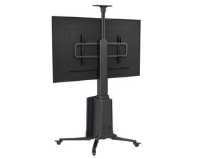 Black TV stand with a flat-screen TV on a white background
