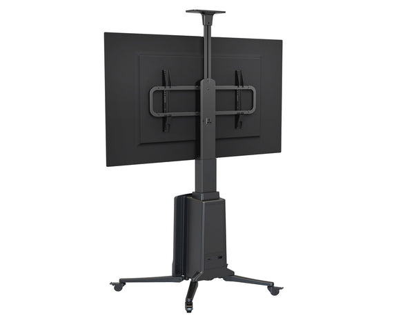 Black TV stand with a flat-screen TV on a white background