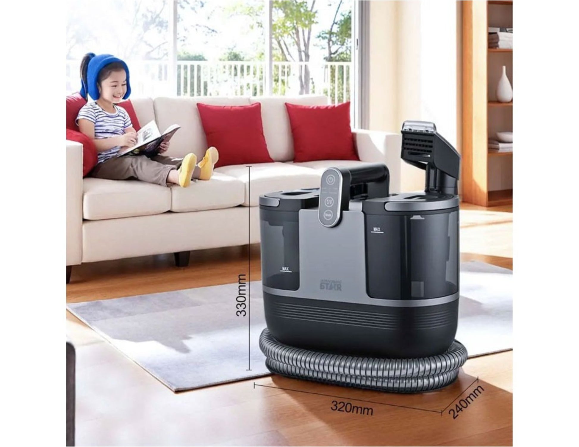 Winning Star High Steam Spot Cleaner ST-4606 on a living room floor with a child reading on a couch in the background